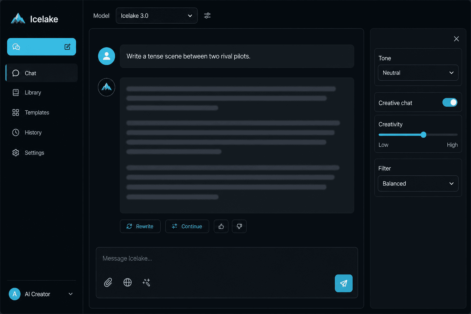 Icelake AI chatbot with no filter private chat workflow with model controls